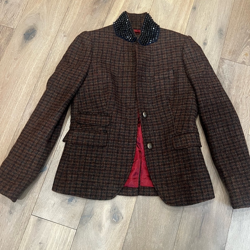 J. Crew Brown Houndstooth Tweed Blazer with embellished collar - Picture 3 of 4
